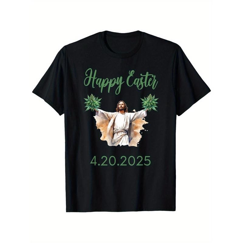 Happy Easter 420 Weed Graphic T-Shirt, 100% Cotton Crew Neck Tee, Casual All-Season Knit Fabric Top with Printed Design...