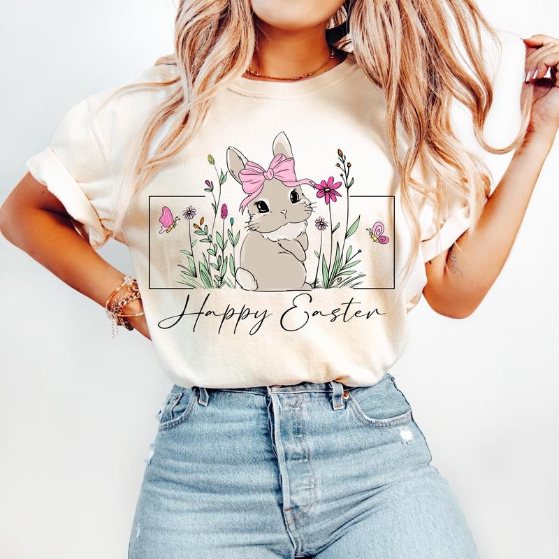 Happy Easter Bunny Coquette Tshirt, Pink Easter Coquette Shirt, Floral Spring Tee, Retro Easter Preppy Rabbit Shirt,...