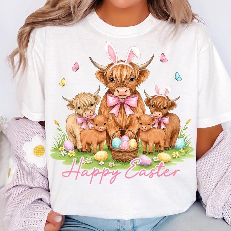 Happy Easter Day Highland Cow T-Shirt, Retro Easter T-Shirt, Easter Day T-Shirt, Easter Bunny T-Shirt, Cute Cow T-Shirt,...