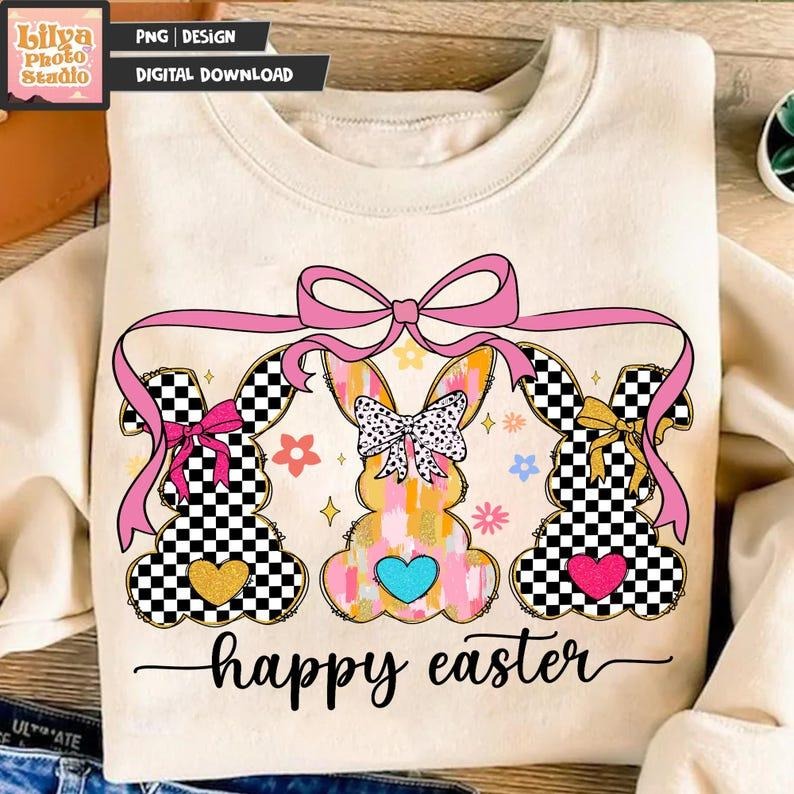 Happy Easter Sweatshirt Coquette Easter Bunny Retro Easter Easter Coquette Glitter Easter T-Shirts, Hoodie | GrindPrints.com
