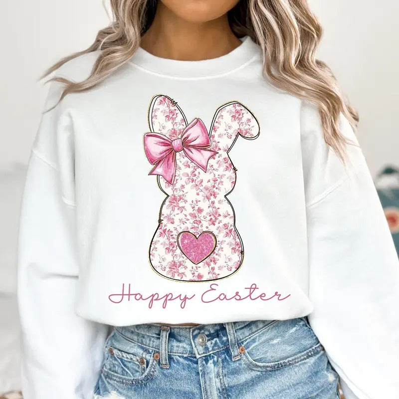 Happy Easter Tshirt Sweatshirt, Pink Floral Chinoiserie Bunny Shirt, Pink Toile Easter Rabbit, Easter Coquette, Unisex...