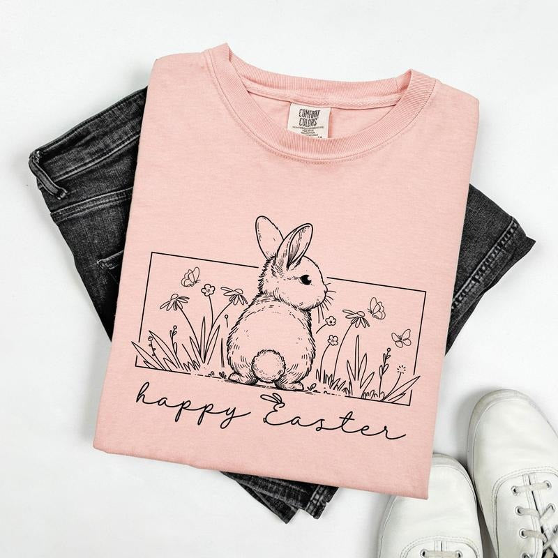 Happy Easter, Minimal, Easter, Bunny, Jesus, Rabbit, Holiday Tshirt, Women's Comfort Colors Tee Hoodie, Sweatshirt