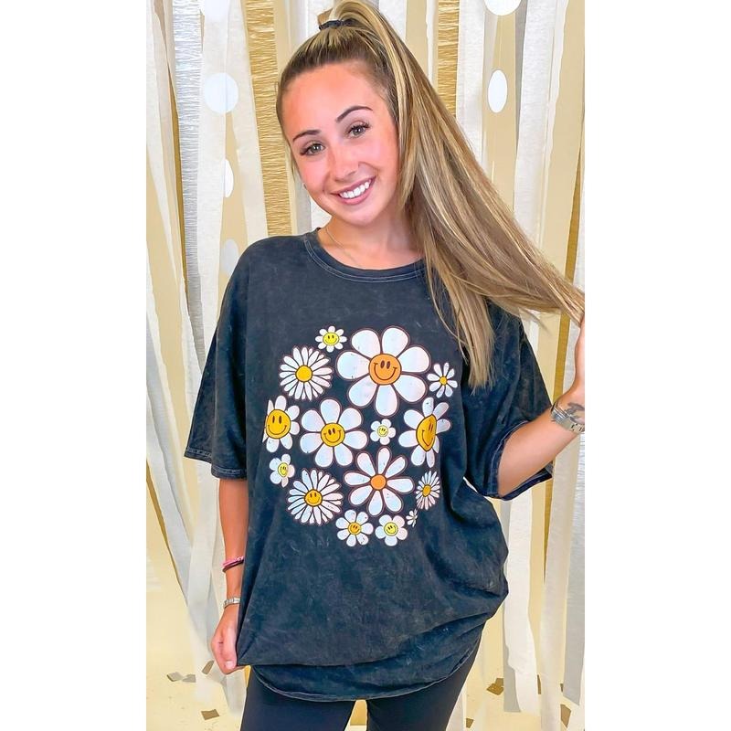 Happy Flowers Mineral Washed Graphic Shirt Hoodie, Sweatshirt | GrindPrints.com