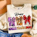 Happy Hallothanksmas Coquette Bow Sweatshirt, Halloween, Thanksgiving, Christmas, Pumpkin Spice, Snowmen, Pie,...