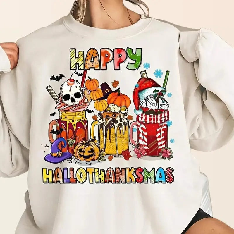 Happy Hallothanksmas Shirt, Christmas Holiday Season Tee Tops Crewneck Cotton Hoodie, Sweatshirt | GrindPrints.com