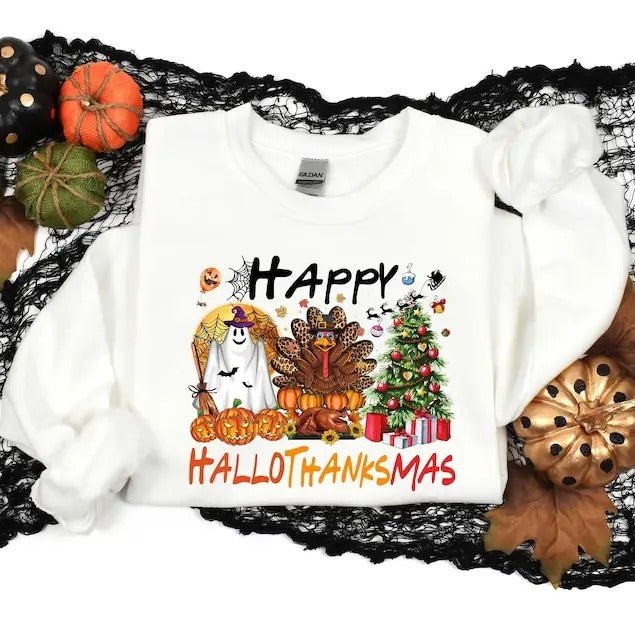 Happy Hallothanksmas, Halloween Sweatshirt, Christmas Sweater, Thanksgiving Shirt, Women Sweater, Women Gift, Gift For...
