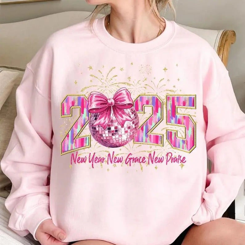 Happy New Year 2025 Sweatshirt, Hoodie, T-Shirt, Pink Coquette Bow Shirt, Retro New Years Shirt, Glitter Disco Ball...