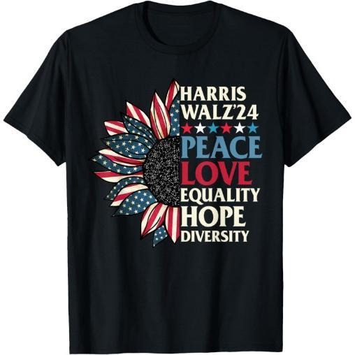 Harris Waltz 2024 Peace Love Equality Hope US Flag Sunflower T-Shirt made in usa Hoodie, Sweatshirt | GrindPrints.com