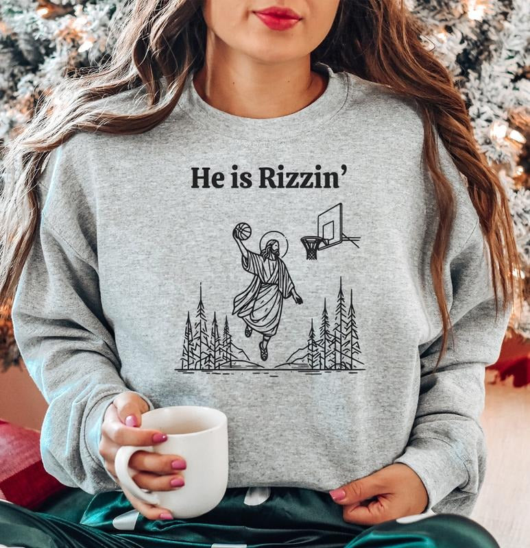 He Is Risen Funny Easter Sweatshirt, Jesus Playing Basketball Shirt, Retro Christian Faith Religious Graphic Tee Gift,...