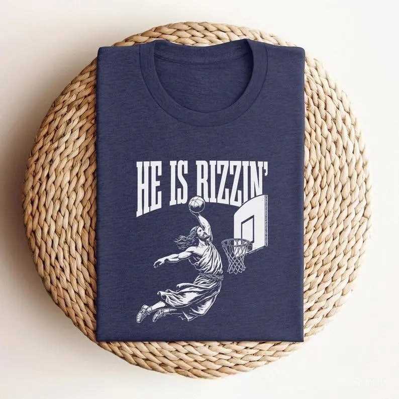 He Is Rizzin' Basketball Jesus Meme Shirt, He Is Rizzin Easter Jesus Shirts, Playing Basketball T-Shirt, For Men, For...
