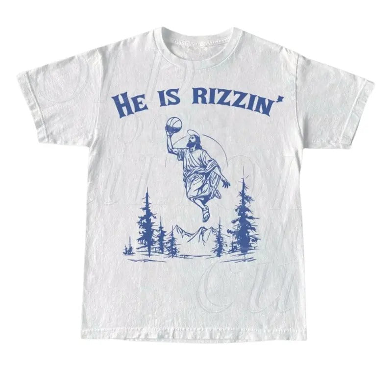 He Is Rizzin Vintage Graphic T-Shirt, Vintage Jesus Playing Basketball Unisex Adult T Shirt, Vintage 90s Funny T Shirt,...