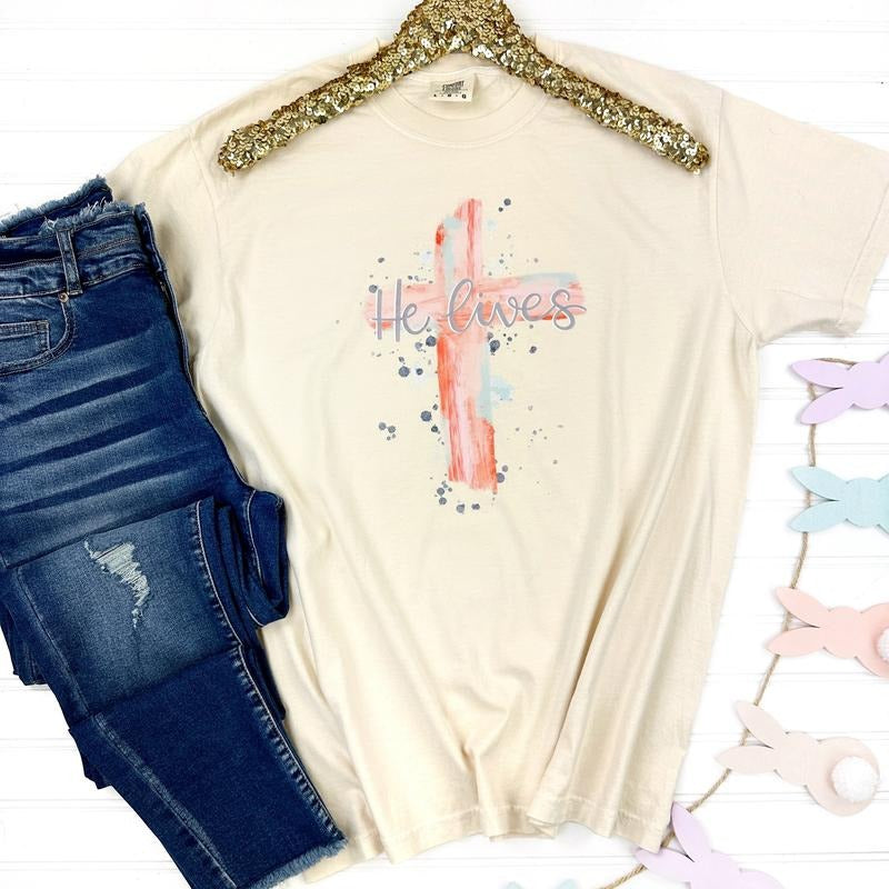 He Lives Cross Comfort Colors T-Shirt Hoodie, Sweatshirt | GrindPrints.com