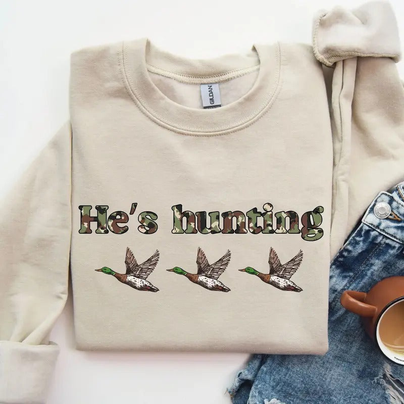 He is Hunting Ducks Camoflauge Bottomland Pattern Sweatshirt, Hunting Camo Unisex Shirt Hoodie | GrindPrints.com