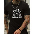Headphone Pattern And Letter Print "MUSIC IS MY MEDICINE" Crew Neck And Short Sleeve T-shirt, Casual And Chic Tops For...