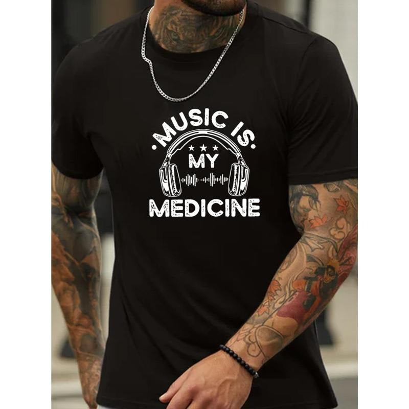 Headphone Pattern And Letter Print "MUSIC IS MY MEDICINE" Crew Neck And Short Sleeve T-shirt, Casual And Chic Tops For...