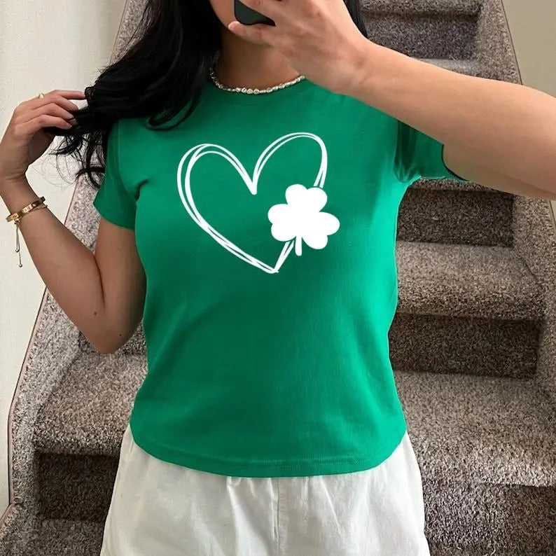 Heart Shamrock Shirt, Glitter Shamrock Baby Tee, St Patrick's Day Shirt, Glitter Lucky Shirt, Lucky Tee, Irish , Y2K...