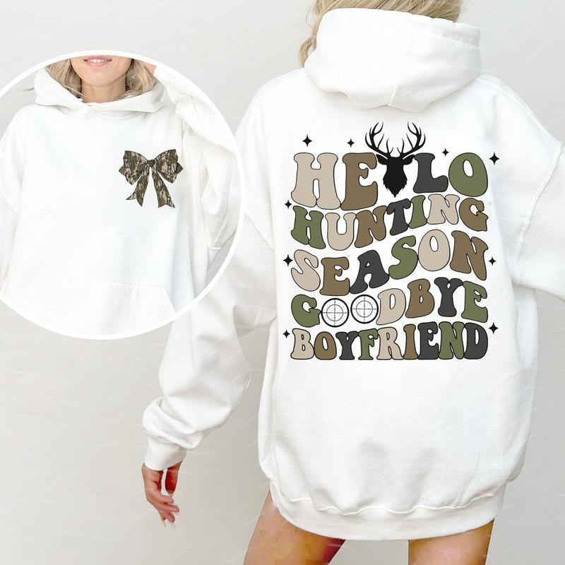 Hello Hunting Season Goodbye Boyfriend Camo Coquette Bow 2 Sides Sweatshirt, Girls Camo Bow Shirt Hoodie | GrindPrints.com