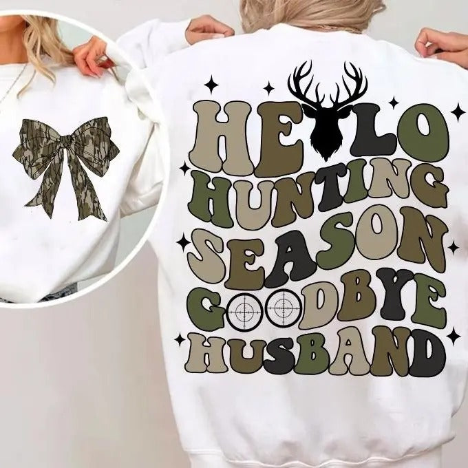 Hello Hunting Season Goodbye Husband Camo Coquette Bow 2 Sides Sweatshirt, Girls Camo Bow Shirt Hoodie | GrindPrints.com