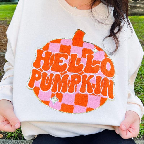 'Hello Pumpkin' Letter Patch Sweatshirt T-Shirts, Hoodie | GrindPrints.com