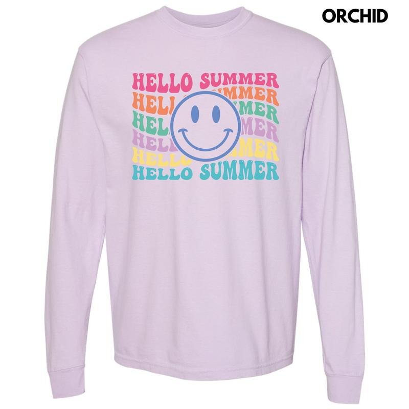 Hello Summer Happy Face Long Sleeve Comfort Colors T-Shirt 'NLB' Hoodie, Sweatshirt | GrindPrints.com