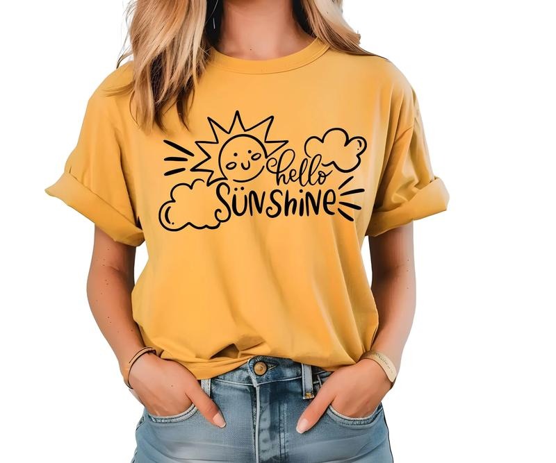 Hello Sunshine Comfort Colors Tee Shirt Casual Yellow with Sun Design and "Hello Sunshine" Text, Comfortable Fit for...