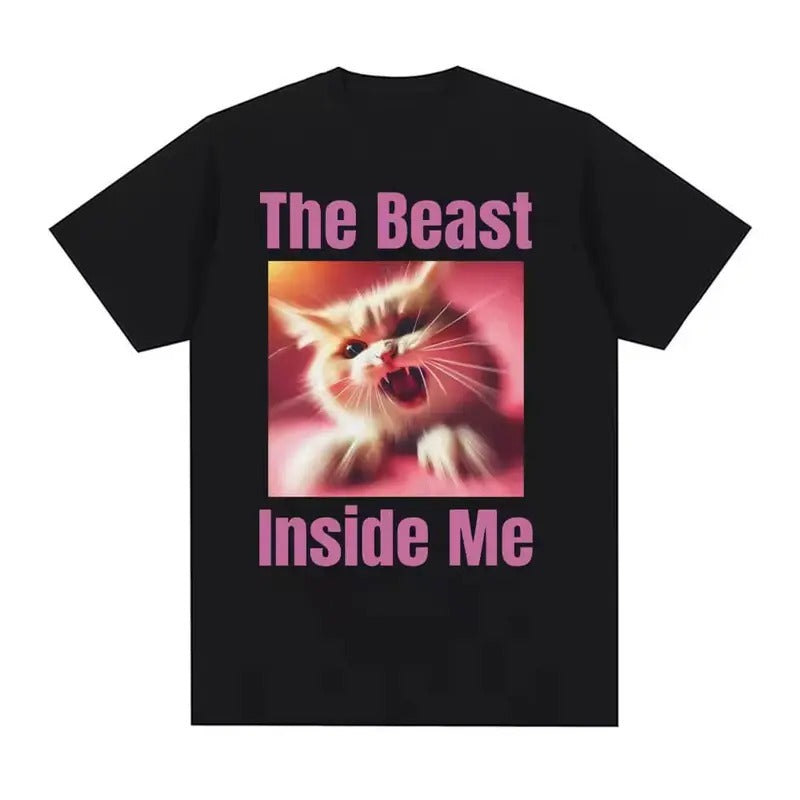 Het Beest Binnen Mij Grappige Leuke Kat Meme Vintage Cadeau Voor Vrouwen Mode Kawaii Shirt Mannen Casual Katoenen Met Korte Mouwen T-Shirts, Hoodie, Sweatshirt
