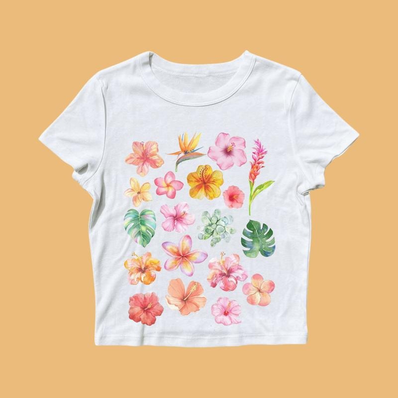 Hibiscus Flower Baby Tee, Vintage Collage Aesthetic Seashell Baby Tee, Coastal Grandma Cute Women's T-Shirt Hoodie,...