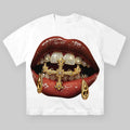 High-Quality Gold Diamond Ring and Mask Culture Lip Print T-shirt, Unisex Cotton Crewneck T-Shirt