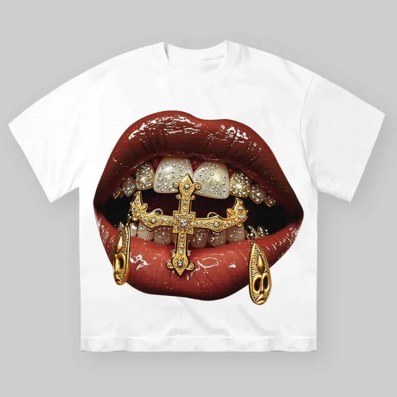 High-Quality Gold Diamond Ring and Mask Culture Lip Print T-shirt, Unisex Cotton Crewneck T-Shirt