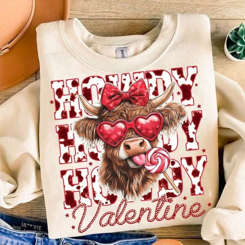 Highland Cow | Retro Valentine Coquette Sweatshirt | Heart Western Designs T-Shirts, Hoodie | GrindPrints.com