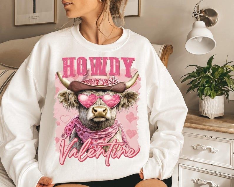 Highland Cow Crewneck | Valentine Coquette Sweatshirt | Retro Heart Love Design T-Shirts, Hoodie | GrindPrints.com