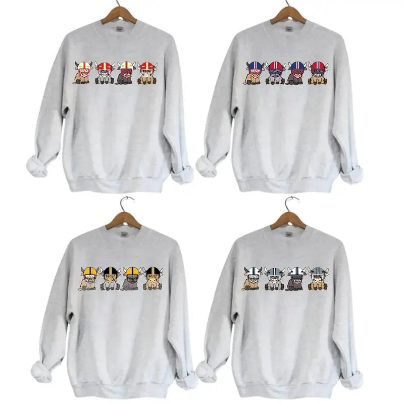 Highland Cow Football Sport Grey Team Football  Lovers Gift Unisex Crewneck Hoodie Sweatshirt T-Shirts | GrindPrints.com