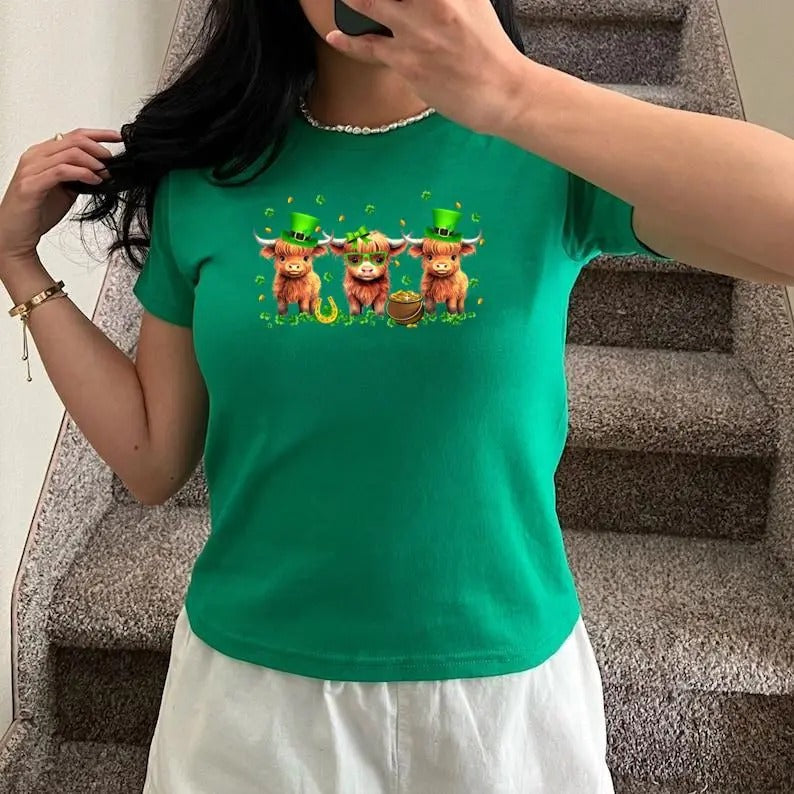 Highland Cow Print St Patrick's Day Shamrock Irish Holiday Baby Tee Hoodie, Sweatshirt | GrindPrints.com