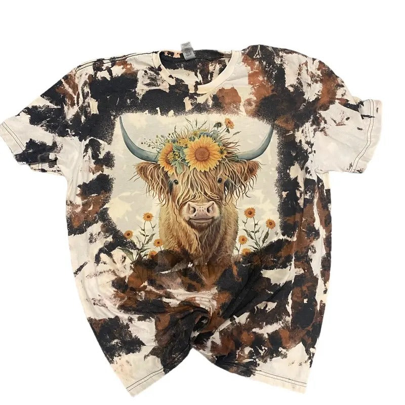 Highland Cow Sunflower Bleached Tee - Boho Cottagecore Vibes Hoodie, Sweatshirt | GrindPrints.com