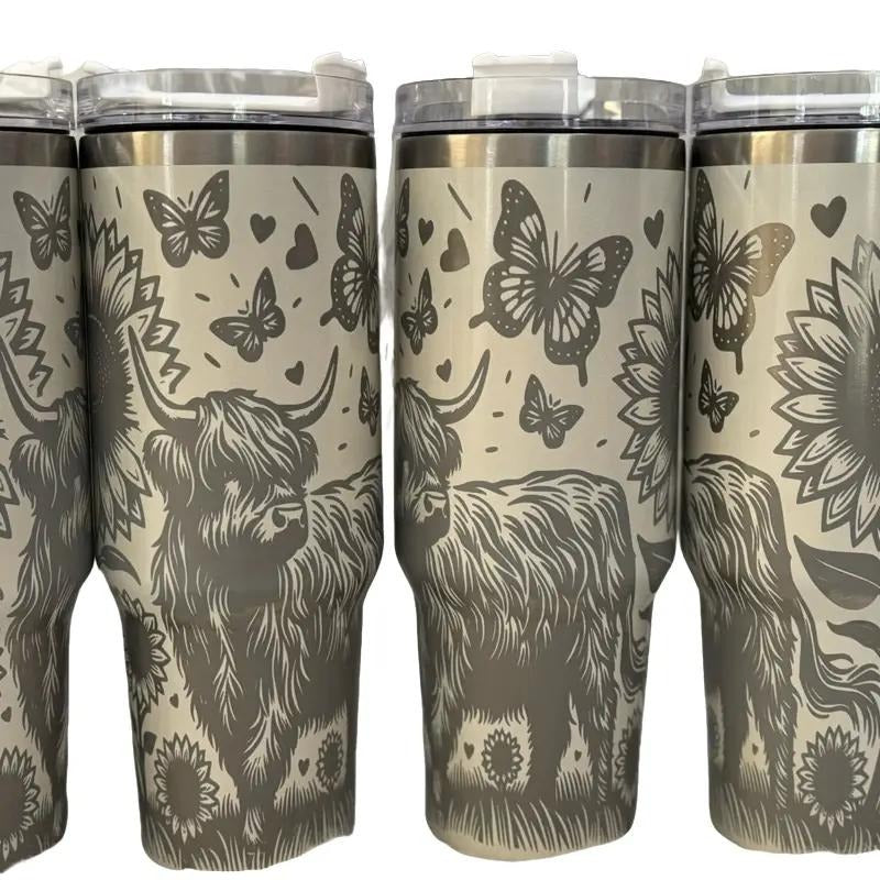 Highland cow with sunflowers laser engraved tumbler Drinkware Flasks T-Shirts, Hoodie, Sweatshirt | GrindPrints.com
