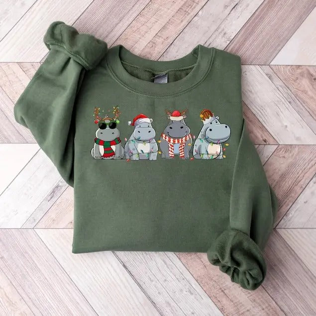 Hippopotamus Christmas Sweatshirt, Retro Hippo Christmas Light Sweatshirt, Hippo Lover Xmas Shirt, Hippo Christmas...