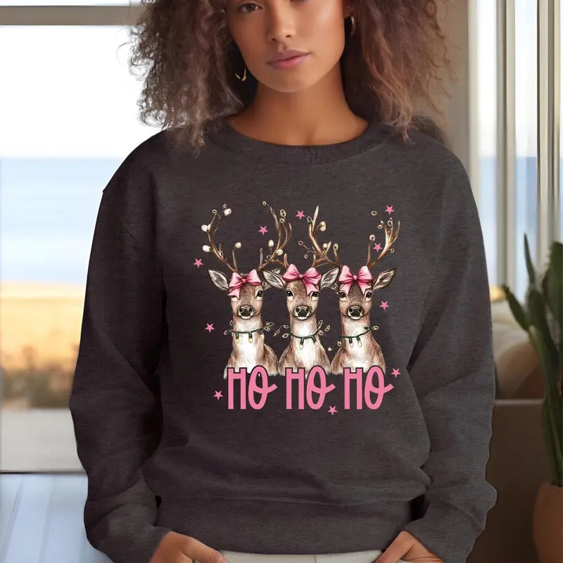 Ho Ho Ho Reindeer Christmas Shirt, Christmas Coquette Bow Deer Sweatshirt and Hoodies, Matching Girl Shirts, Women's...