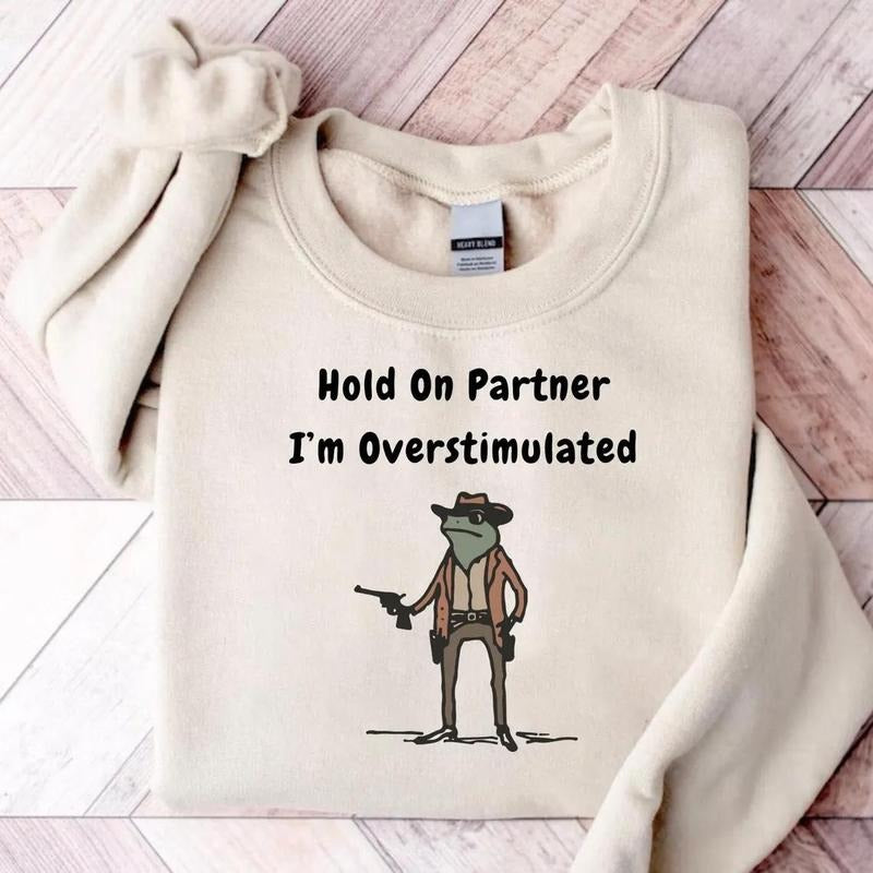 Hold On Partner Im Overstimulated Sweatshirt, Cowboy Frog Sweatshirt, Gen Z Shirt Funny Meme Sweatshirt Unisex Hoodie