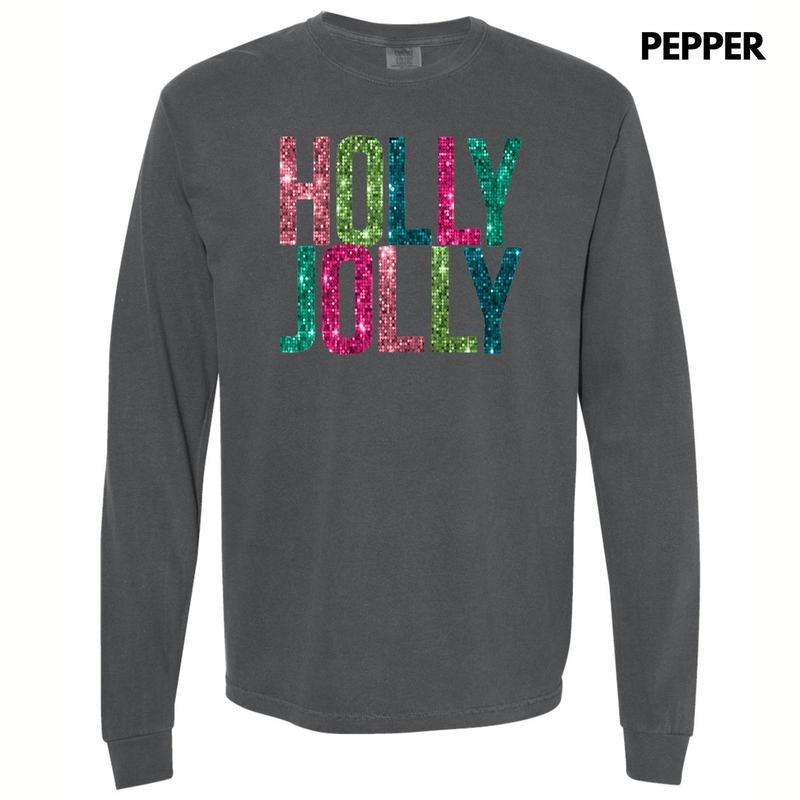 Holly Jolly FAKE Sequins Long Sleeve Comfort Colors T-Shirt Hoodie, Sweatshirt | GrindPrints.com