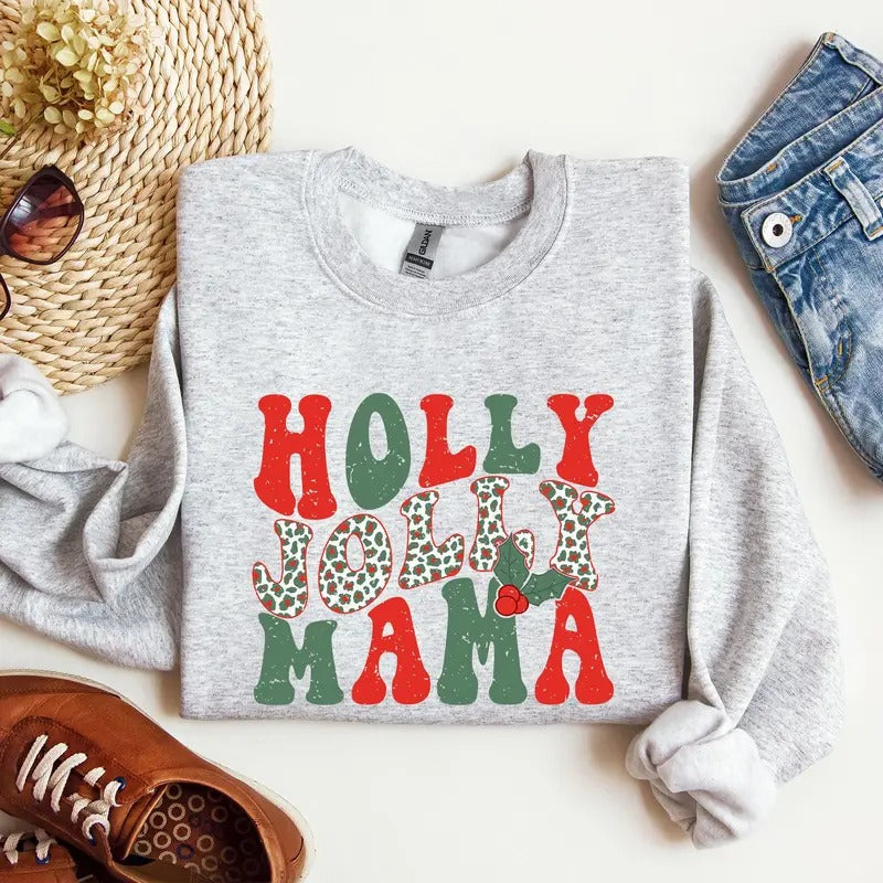 Holly Jolly Mama, Christmas, Winter, Santa, Xmas Sweatshirt, Women's Crew Neck, Crewneck T-Shirts, Hoodie | GrindPrints.com