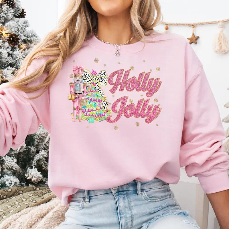 Holly Jolly Nutcracker Christmas Sweatshirt for Women - Loose Fit, Crew Neck, Unisex Size, Pink Blue - Fabric, Pullover...