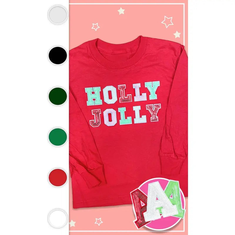 Holly Jolly Sequin Christmas Youth Graphic Long Sleeve T-Shirt Hoodie, Sweatshirt | GrindPrints.com