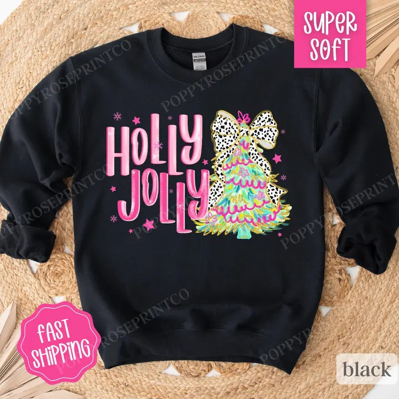 Holly Jolly Sweatshirt, Cute Christmas Sweater, Women's Holiday Crewneck T-Shirts, Hoodie | GrindPrints.com
