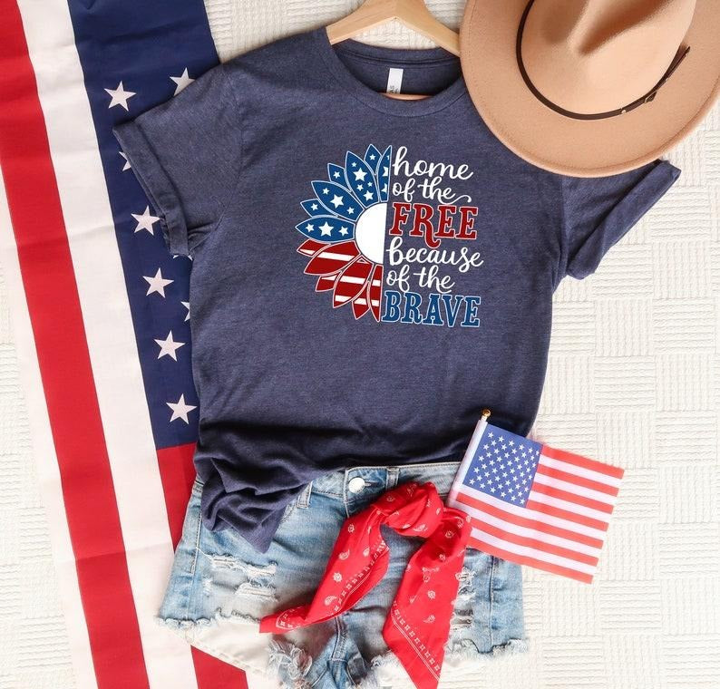 Home Of The Free Because Of The Brave Shirt, USA Flag Shirt, Patriotic Shirt, American Sunflower Shirt, 4th Of July...