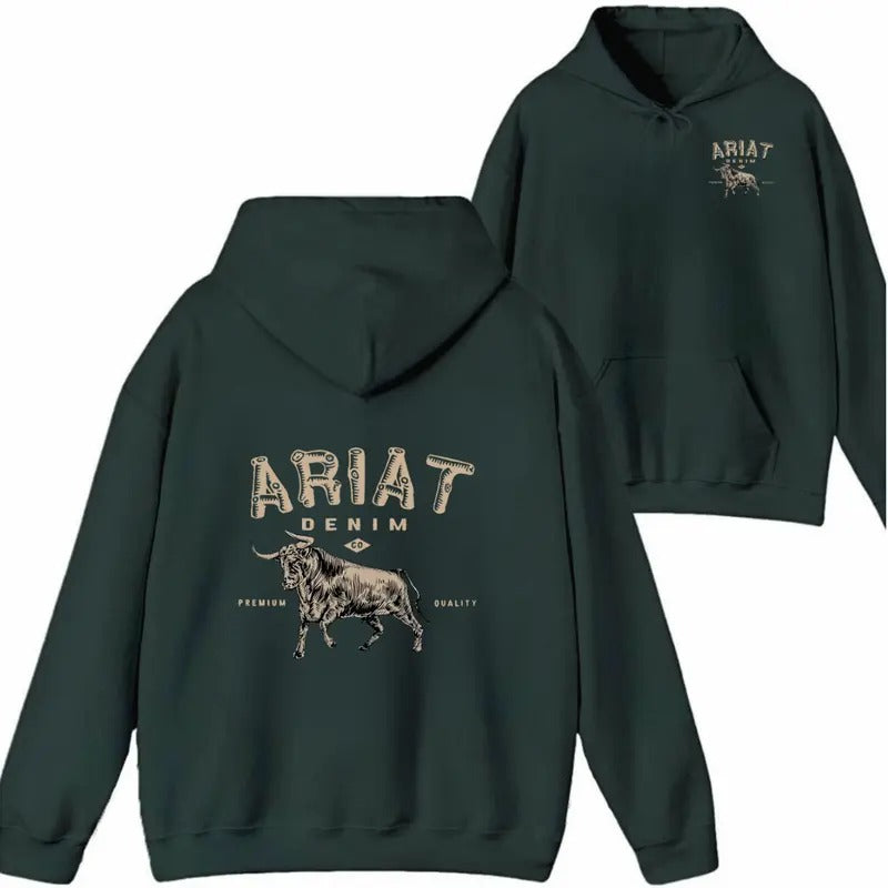 Ariat Denim Shirt/Sweatshirt/Hoodie - Western-style T-shirt featuring a powerful bull graphic and the Ariat Denim logo,...
