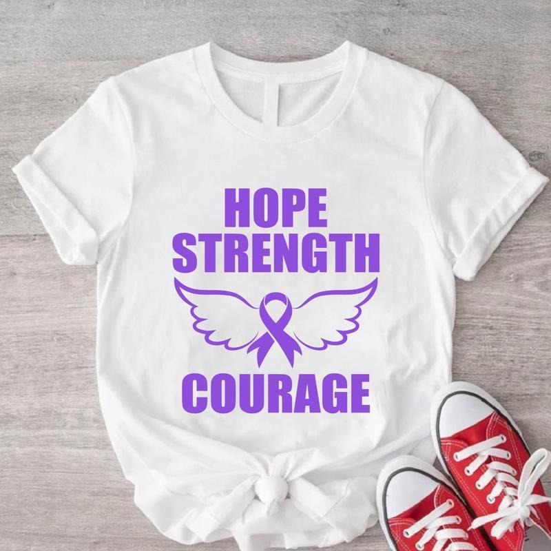 Hope Strength Courage Shirt, Pancreatic Cancer Awareness T-Shirt, Purple Ribbon Gift Tee, Matching Family Support Tee,...