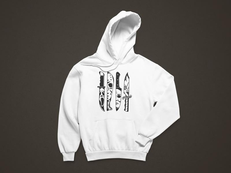 Horror Movie Halloween Hoodie, Long Sleeve Spooky Season Sweatshirt, Scary Movie Characters Festive Graphic Sweater,...