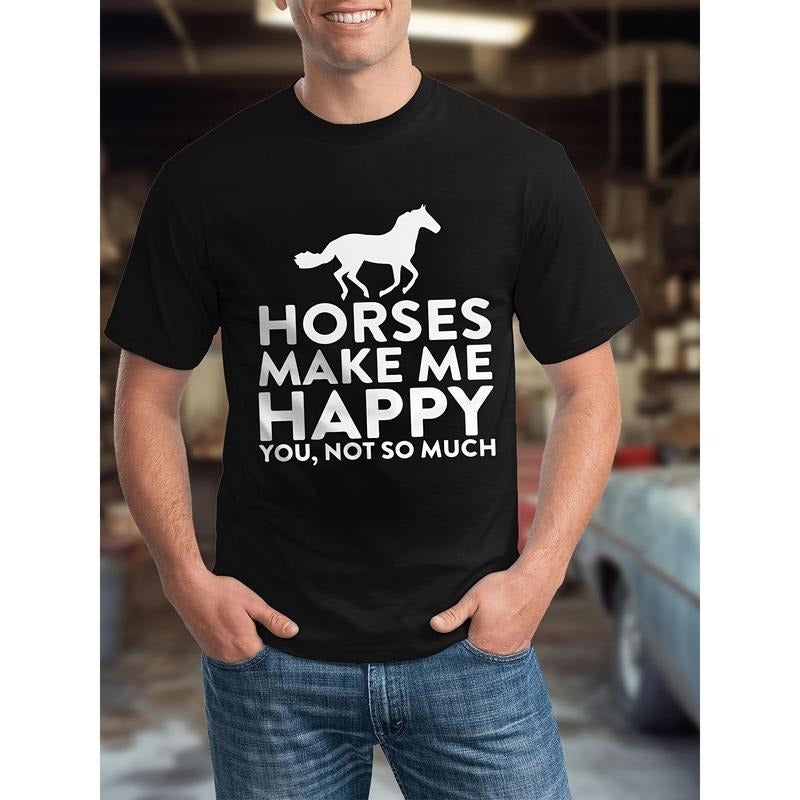 Horse Makes Me Happy Printed T-shirt, comfortable and breathable, soft, casual short sleeves, daily wear, suitable for...
