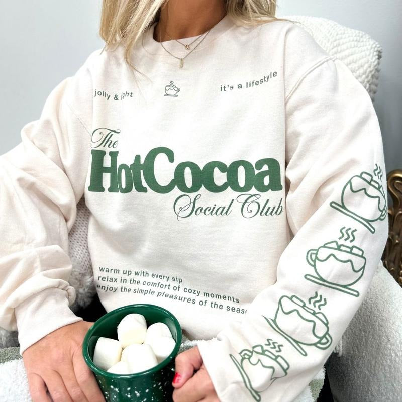 'Hot Cocoa Social Club' Festive Cute Sleeve Print T-Shirts, Hoodie, Sweatshirt