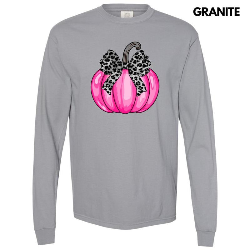 Hot Pink Leopard Bow Pumpkin Long Sleeve Comfort Colors T-Shirt 'NLB' Hoodie, Sweatshirt | GrindPrints.com